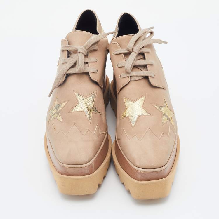 Pre Owned Stella McCartney Beige Faux Suede Elyse Star Platform Lace Up Derby Size 37