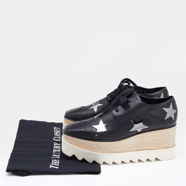 مملوكة مسبقًا Stella McCartney Black Faux Leather Elyse Star Platform Derby Sneakers Size 37