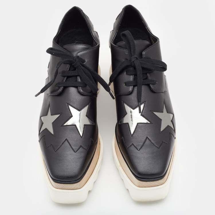 مملوكة مسبقًا Stella McCartney Black Faux Leather Elyse Star Platform Derby Sneakers Size 37