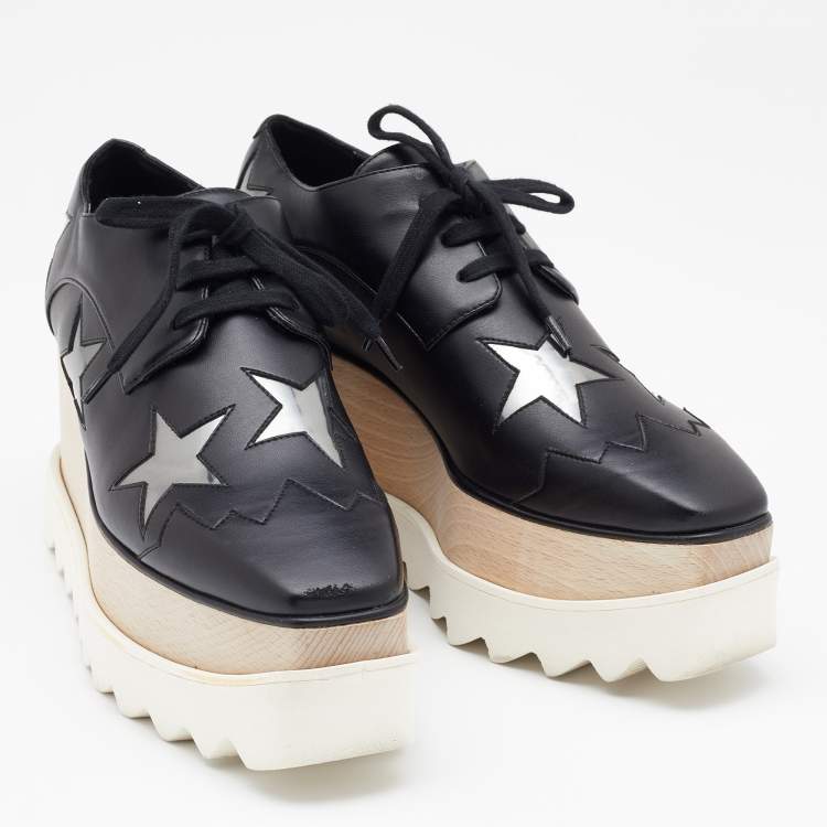 مملوكة مسبقًا Stella McCartney Black Faux Leather Elyse Star Platform Derby Sneakers Size 37