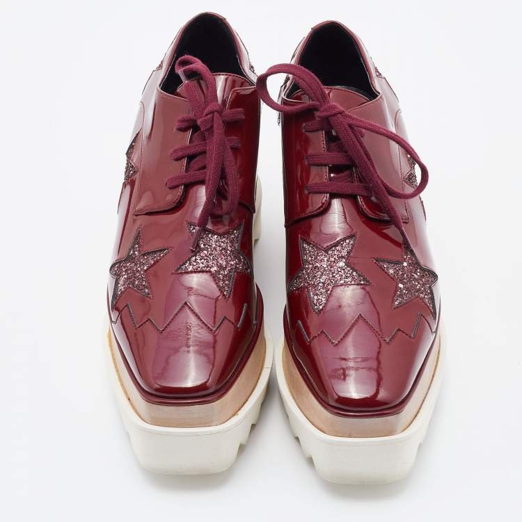 Pre Owned Stella McCartney Red Faux Patent Leather and Glitter Elyse Star Platform Derby Sneakers Size 36