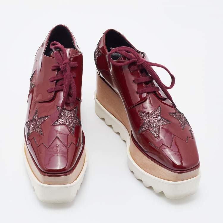 Pre Owned Stella McCartney Red Faux Patent Leather and Glitter Elyse Star Platform Derby Sneakers Size 36
