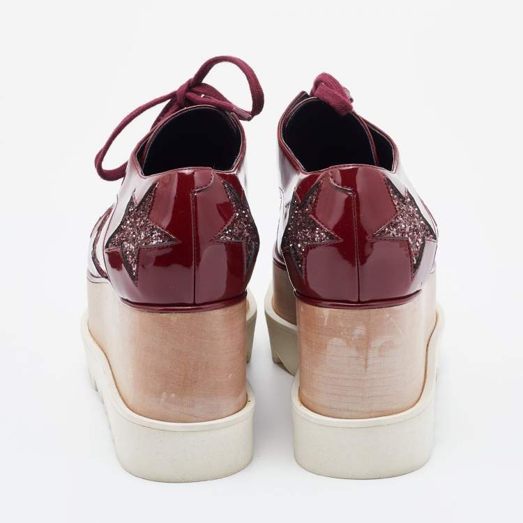 Pre Owned Stella McCartney Red Faux Patent Leather and Glitter Elyse Star Platform Derby Sneakers Size 36