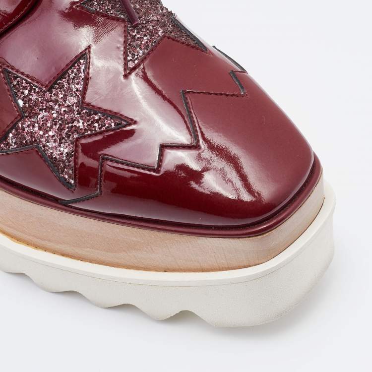 Pre Owned Stella McCartney Red Faux Patent Leather and Glitter Elyse Star Platform Derby Sneakers Size 36