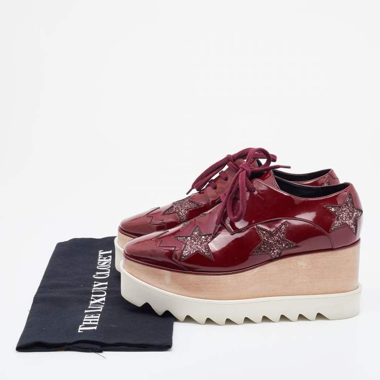 Pre Owned Stella McCartney Red Faux Patent Leather and Glitter Elyse Star Platform Derby Sneakers Size 36