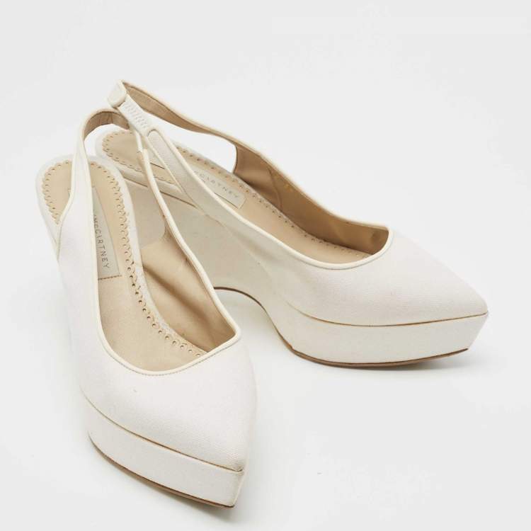 Pre Owned Stella McCartney Off White Canvas Slingback Pointed Toe Pumps Size 38