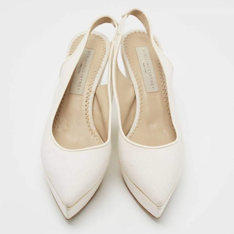 Pre Owned Stella McCartney Off White Canvas Slingback Pointed Toe Pumps Size 38