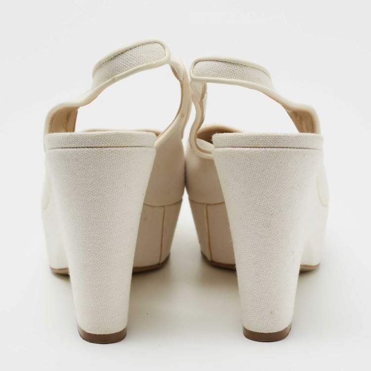 Pre Owned Stella McCartney Off White Canvas Slingback Pointed Toe Pumps Size 38
