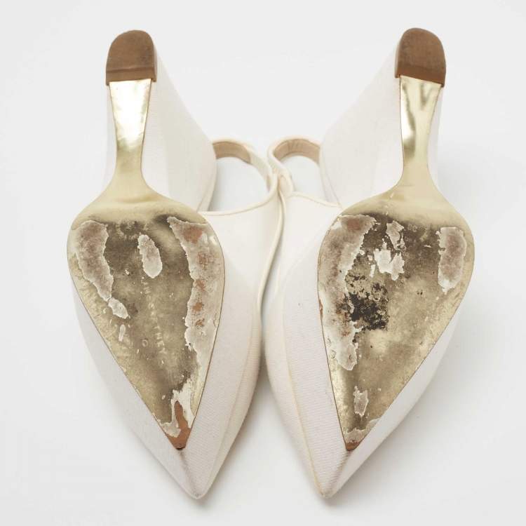 Pre Owned Stella McCartney Off White Canvas Slingback Pointed Toe Pumps Size 38