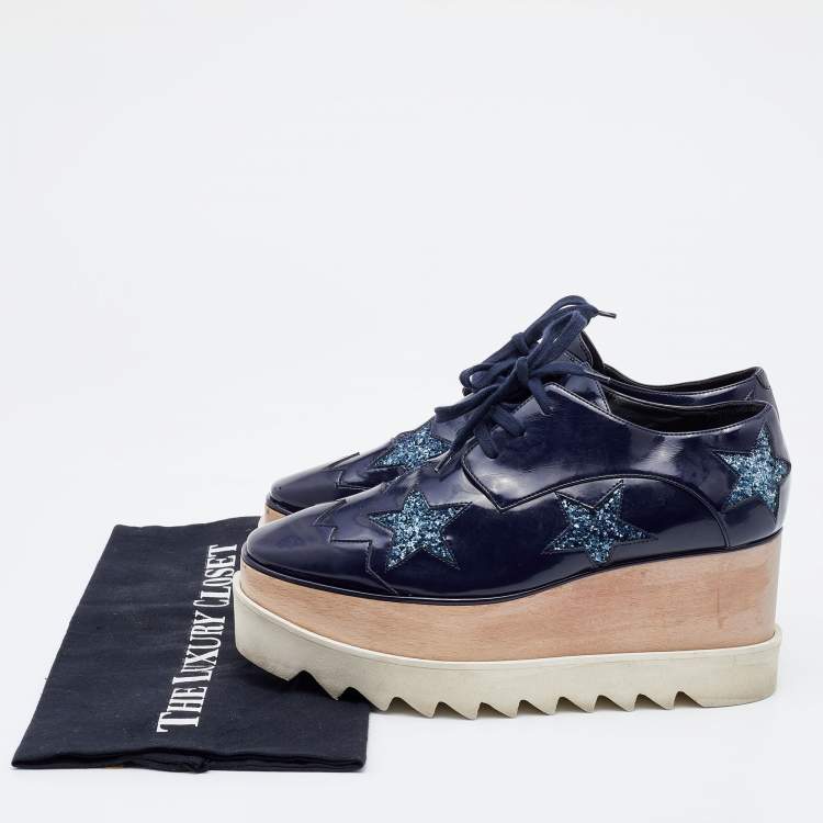 Pre Owned Stella McCartney Blue Faux Leather and Glitter Elyse Star Platform Derby Sneakers Size 36.5