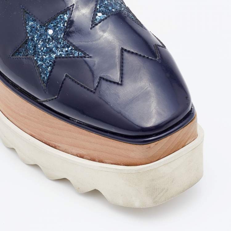 Pre Owned Stella McCartney Blue Faux Leather and Glitter Elyse Star Platform Derby Sneakers Size 36.5