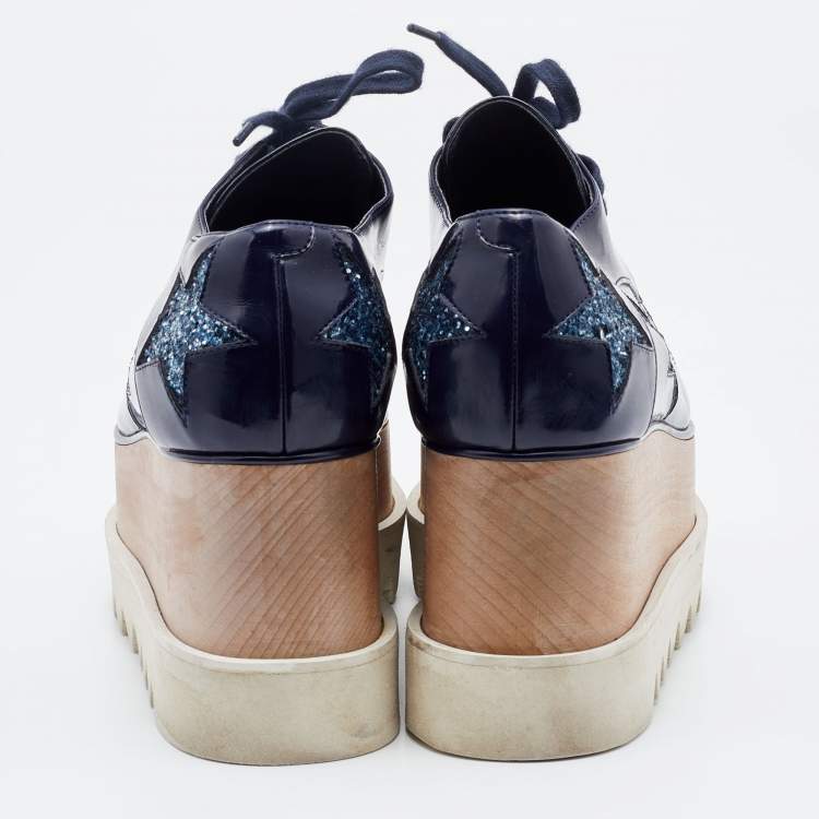 Pre Owned Stella McCartney Blue Faux Leather and Glitter Elyse Star Platform Derby Sneakers Size 36.5