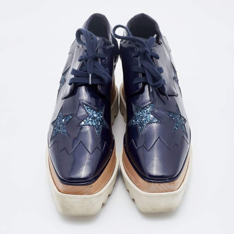 Pre Owned Stella McCartney Blue Faux Leather and Glitter Elyse Star Platform Derby Sneakers Size 36.5