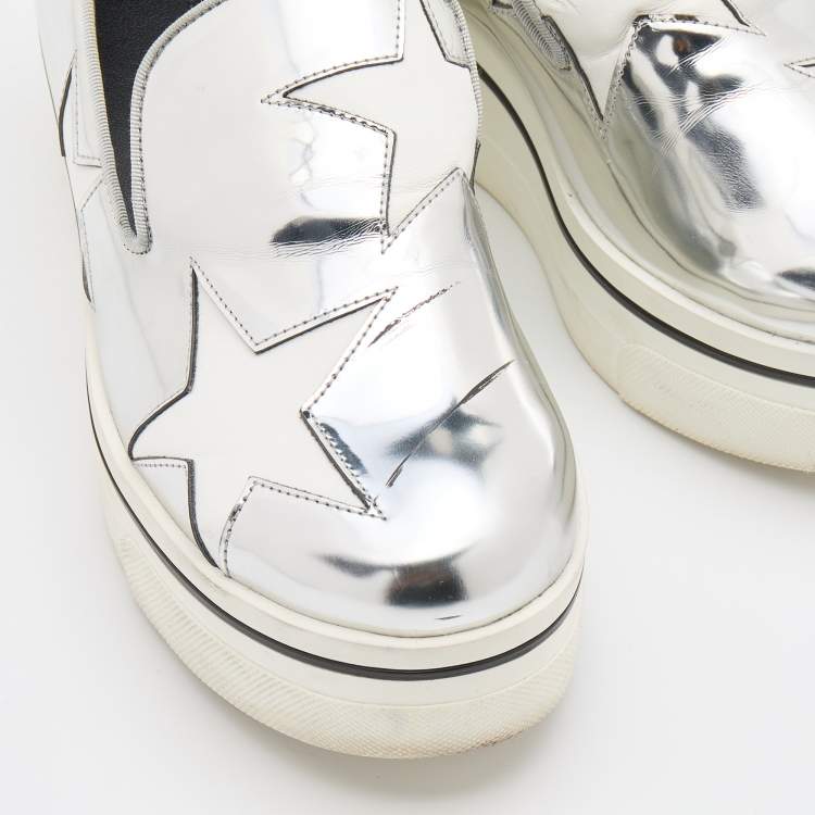 Pre Owned Stella McCartney Silver Faux Leather Binx Star Sneakers Size 36