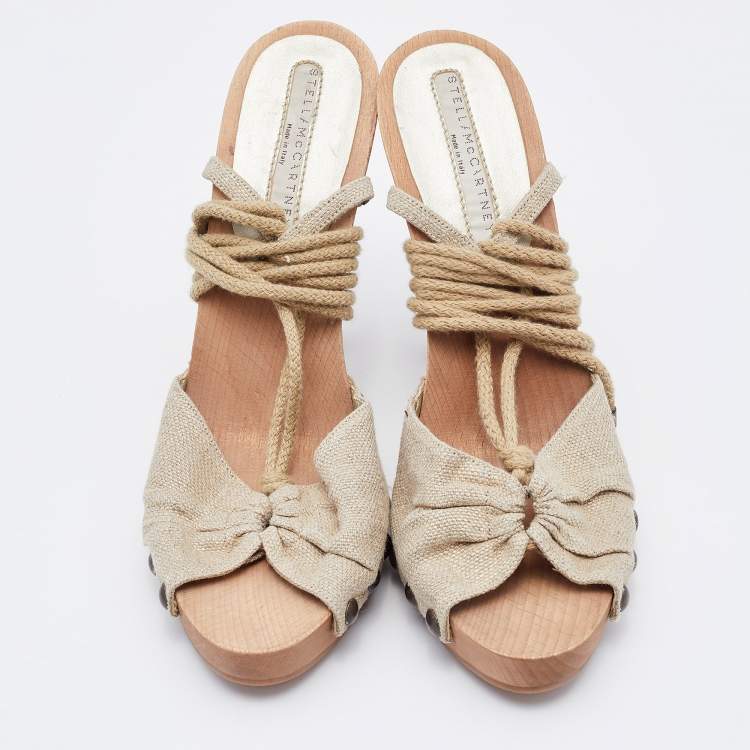 Pre Owned Stella McCartney Beige Fabric Wooden Platform Ankle Wrap Sandals Size 37