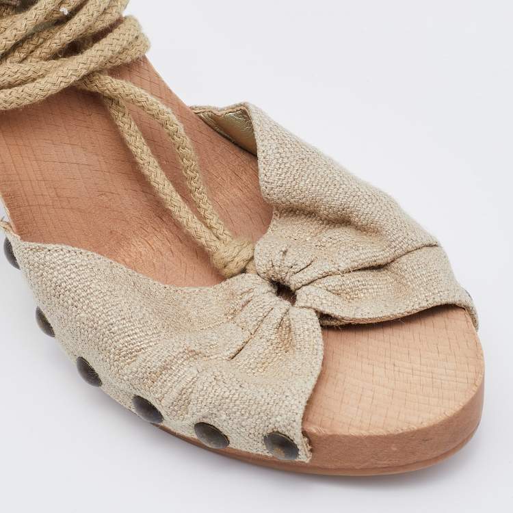 Pre Owned Stella McCartney Beige Fabric Wooden Platform Ankle Wrap Sandals Size 37