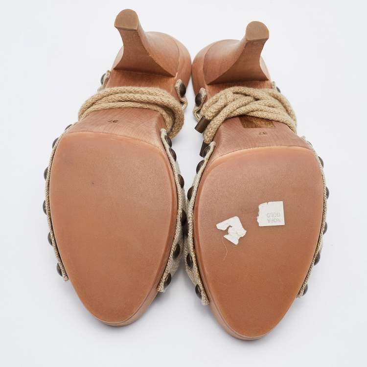 Pre Owned Stella McCartney Beige Fabric Wooden Platform Ankle Wrap Sandals Size 37