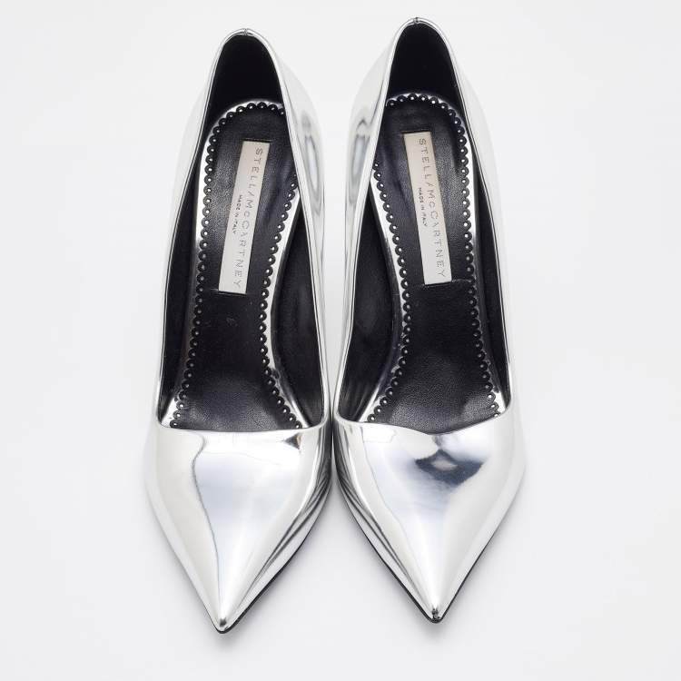 Pre Owned Stella McCartney Silver Faux Patent Leather Pointed Toe Pumps Size 38.5