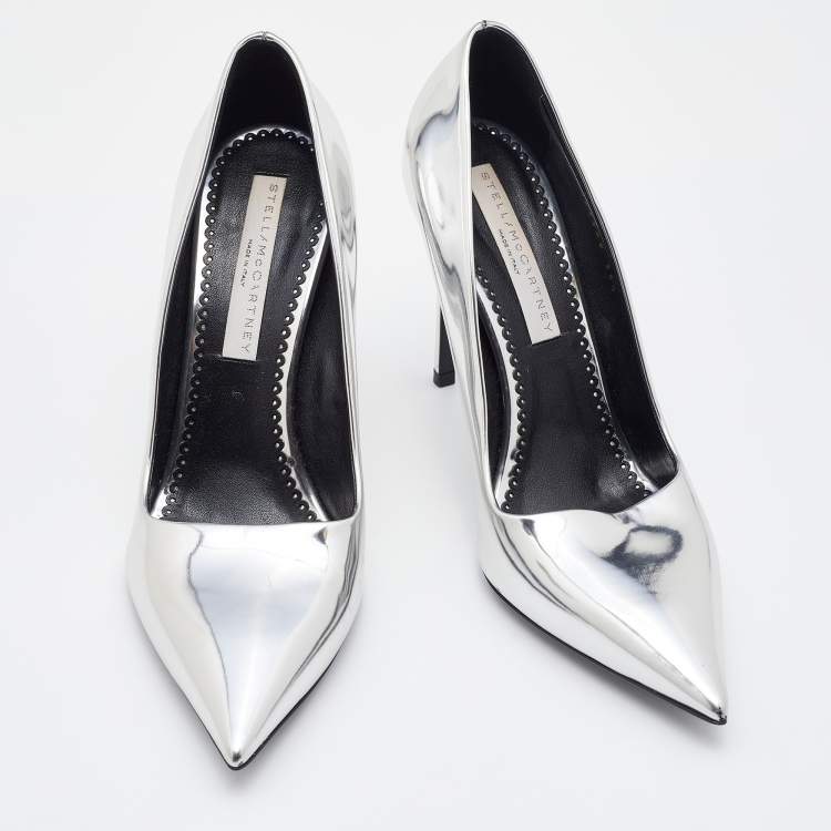 Pre Owned Stella McCartney Silver Faux Patent Leather Pointed Toe Pumps Size 38.5