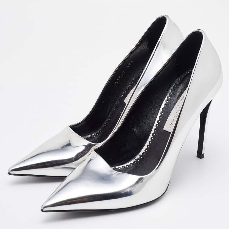 Pre Owned Stella McCartney Silver Faux Patent Leather Pointed Toe Pumps Size 38.5
