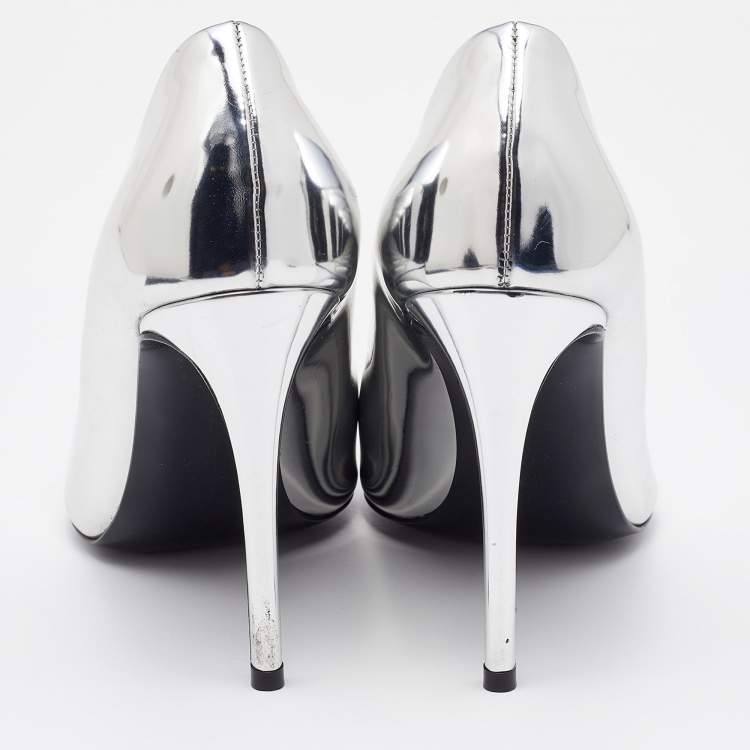 Pre Owned Stella McCartney Silver Faux Patent Leather Pointed Toe Pumps Size 38.5