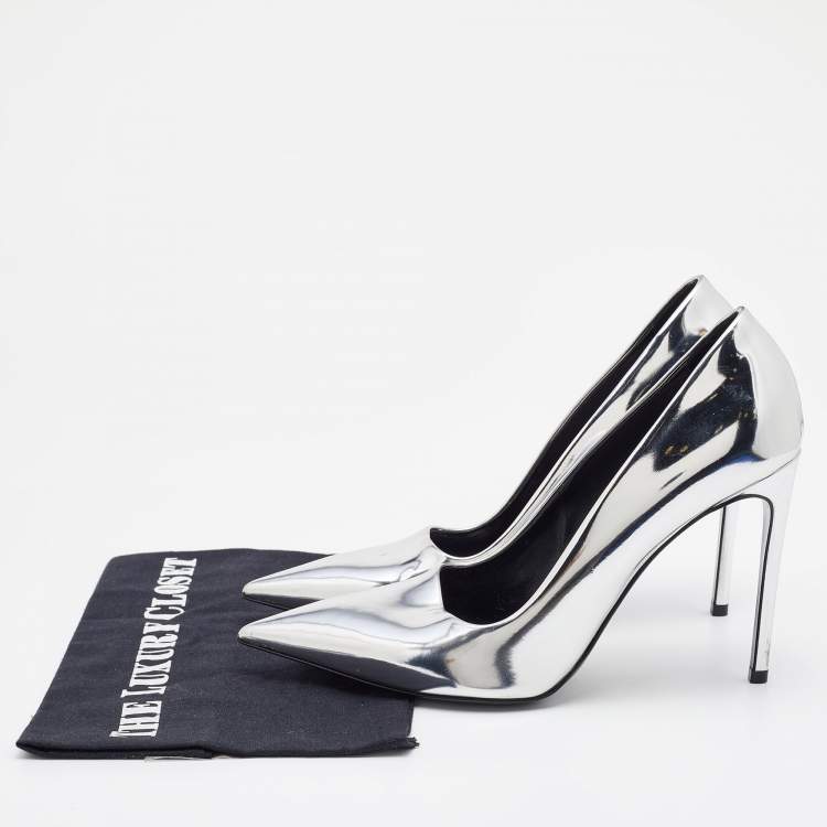 Pre Owned Stella McCartney Silver Faux Patent Leather Pointed Toe Pumps Size 38.5