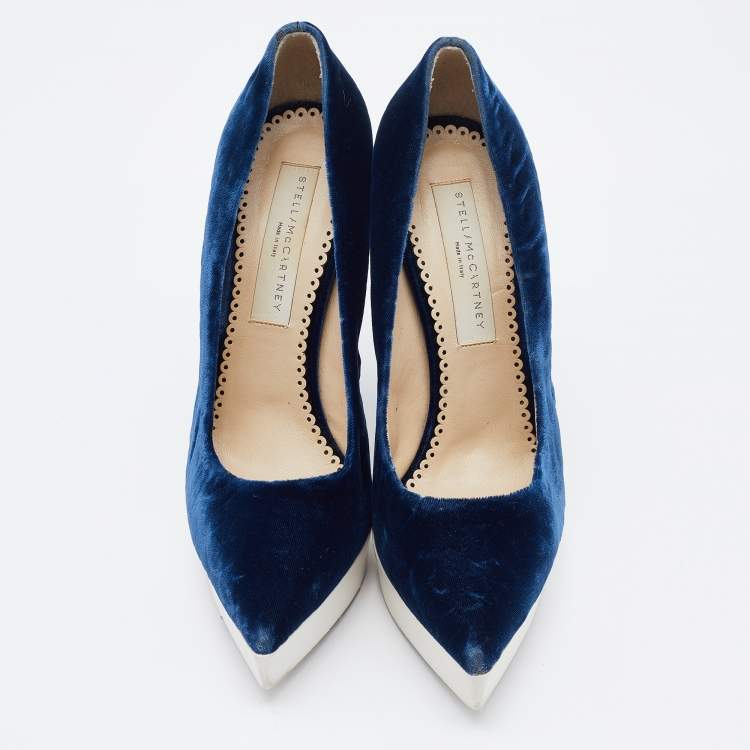 Pre Owned Stella McCartney Navy Blue Velvet Pointed Toe Platform Pumps Size 37.5