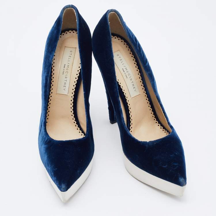 Pre Owned Stella McCartney Navy Blue Velvet Pointed Toe Platform Pumps Size 37.5