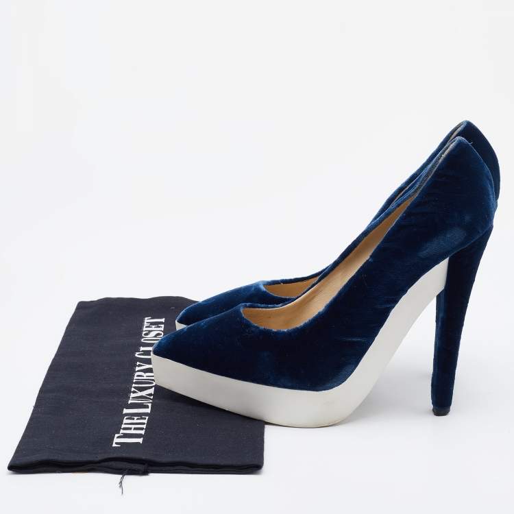 Pre Owned Stella McCartney Navy Blue Velvet Pointed Toe Platform Pumps Size 37.5