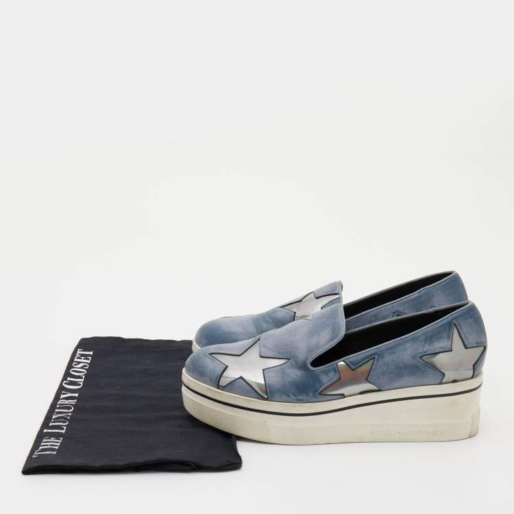 Pre Owned Stella McCartney Blue Two Tone Faux Leather Binx Star Slip On Sneakers Size 37