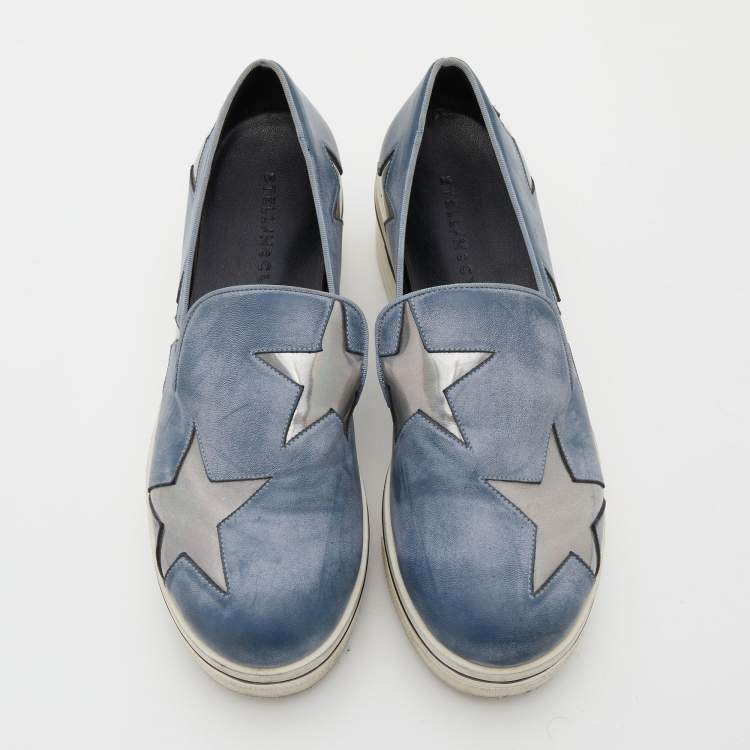 Pre Owned Stella McCartney Blue Two Tone Faux Leather Binx Star Slip On Sneakers Size 37