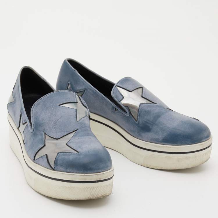 Pre Owned Stella McCartney Blue Two Tone Faux Leather Binx Star Slip On Sneakers Size 37