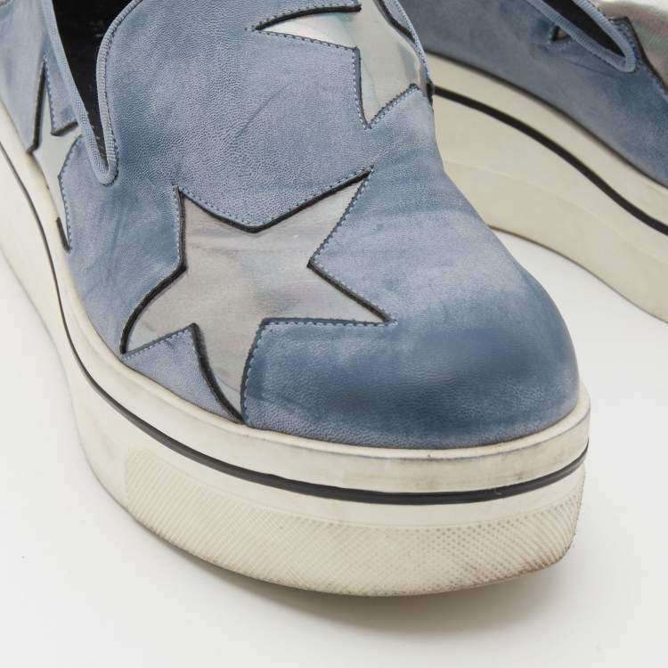 Pre Owned Stella McCartney Blue Two Tone Faux Leather Binx Star Slip On Sneakers Size 37