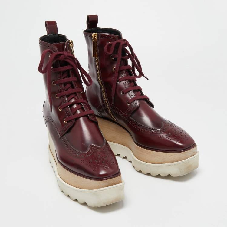 Pre Owned Stella McCartney Burgundy Brogue Faux Leather Elyse Platform Ankle Boots Size 37  