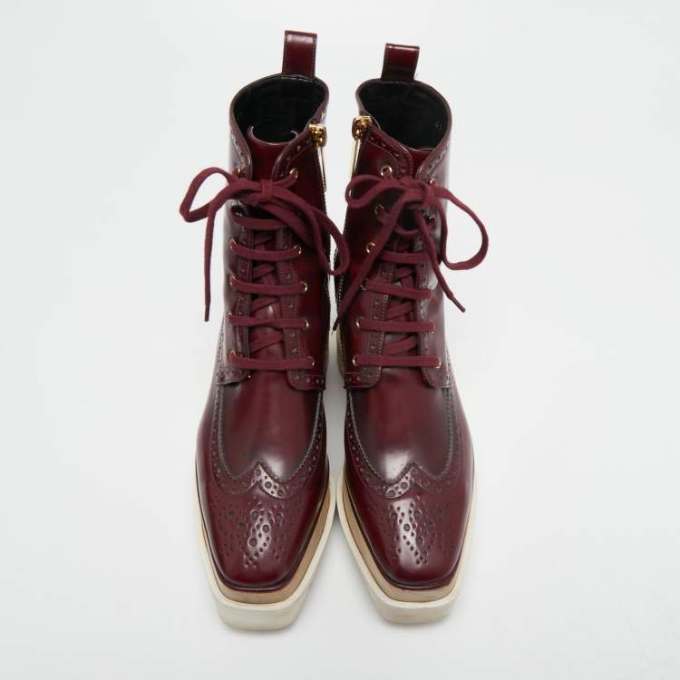 Pre Owned Stella McCartney Burgundy Brogue Faux Leather Elyse Platform Ankle Boots Size 37  