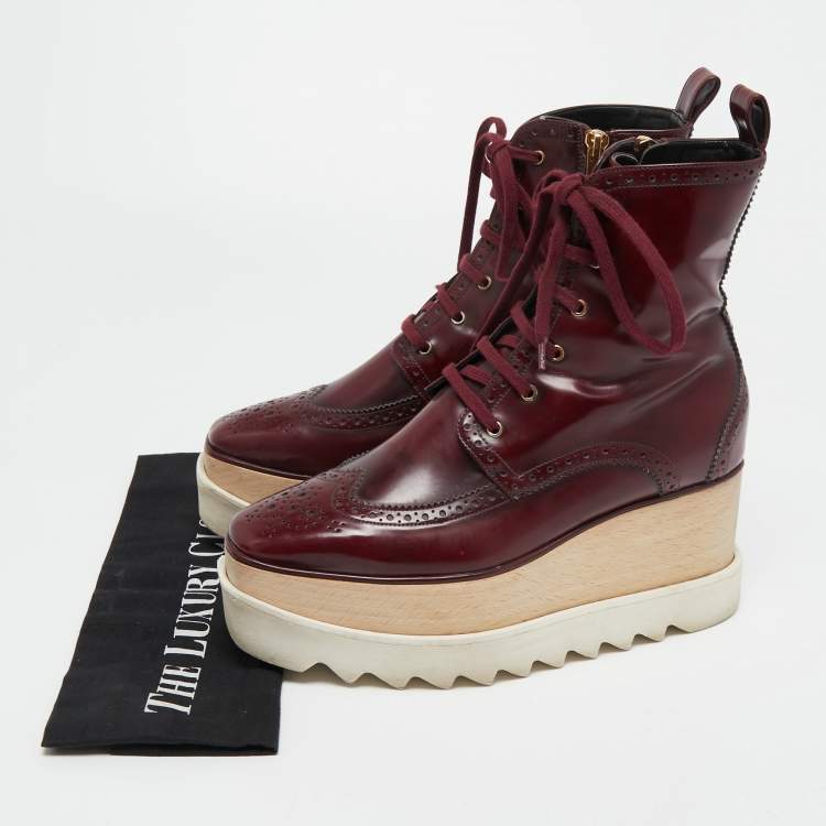 Pre Owned Stella McCartney Burgundy Brogue Faux Leather Elyse Platform Ankle Boots Size 37  