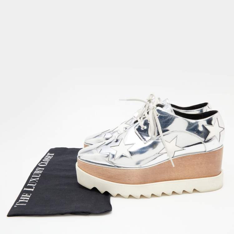 مملوكة مسبقًا Stella McCartney Silver/White Faux Patent Leather Elyse Platform Derby Sneakers Size 39.5