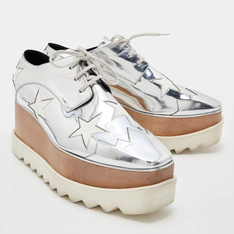 مملوكة مسبقًا Stella McCartney Silver/White Faux Patent Leather Elyse Platform Derby Sneakers Size 39.5