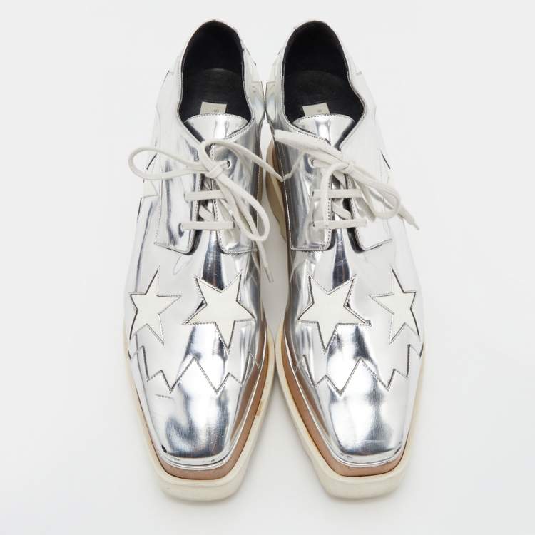 مملوكة مسبقًا Stella McCartney Silver/White Faux Patent Leather Elyse Platform Derby Sneakers Size 39.5