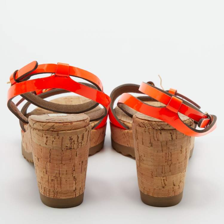 Pre Owned Stella McCartney Neon Orange Faux Patent Leather Cork Platform Wedge Ankle Strap Sandals Size 39