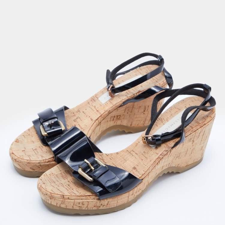 Pre Owned Stella McCartney Black Faux Patent Leather Cork Platform Wedge Ankle Strap Sandals Size 39