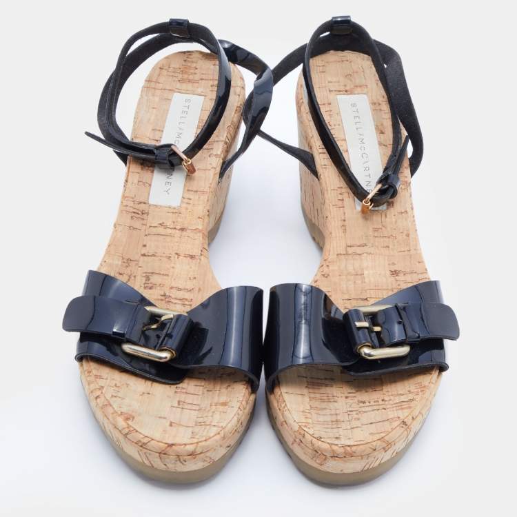 Pre Owned Stella McCartney Black Faux Patent Leather Cork Platform Wedge Ankle Strap Sandals Size 39
