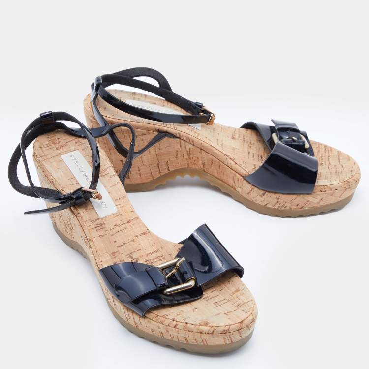 Pre Owned Stella McCartney Black Faux Patent Leather Cork Platform Wedge Ankle Strap Sandals Size 39
