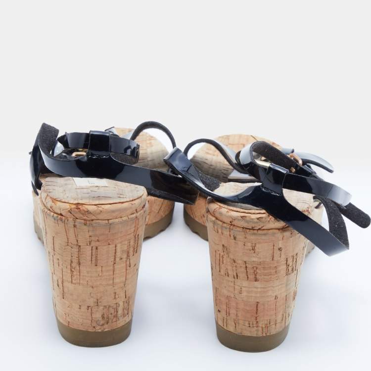 Pre Owned Stella McCartney Black Faux Patent Leather Cork Platform Wedge Ankle Strap Sandals Size 39