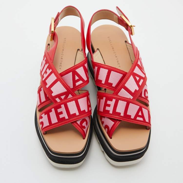 Pre Owned Stella McCartney Red/Pink Striped Fabric Platform Sandals Size 37