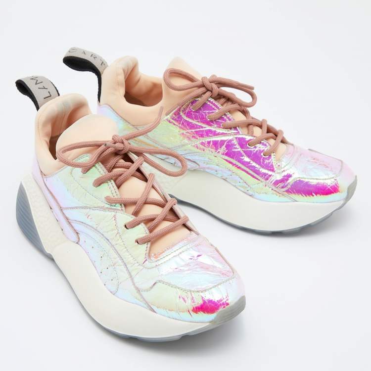 Pre Owned Stella McCartney Multicolor Holographic Faux Leather and Neoprene Sneakers Size 38
