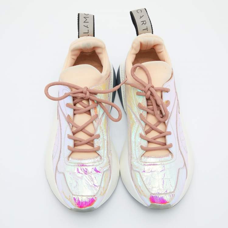 Pre Owned Stella McCartney Multicolor Holographic Faux Leather and Neoprene Sneakers Size 38