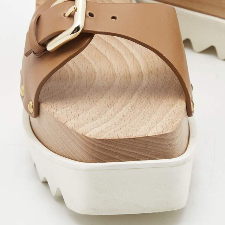Pre Owned Stella McCartney Tan Faux Leather Elyse Buckle Platform Ankle Strap Sandals Size 39