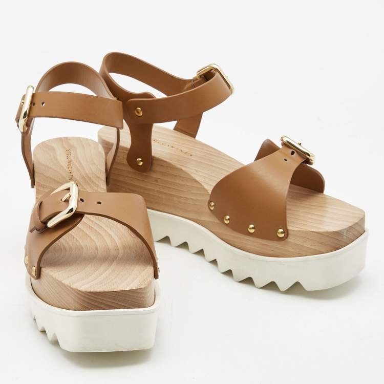 Pre Owned Stella McCartney Tan Faux Leather Elyse Buckle Platform Ankle Strap Sandals Size 39
