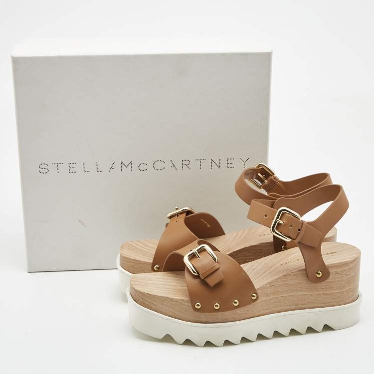Pre Owned Stella McCartney Tan Faux Leather Elyse Buckle Platform Ankle Strap Sandals Size 39